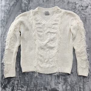 FCT With Love Sweater Womens L‎ Cream Chunky Knit Fringe V-Neck Pullover Western